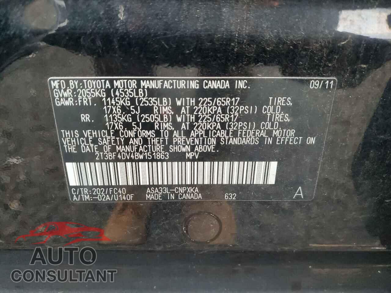 TOYOTA RAV4 2011 - 2T3BF4DV4BW151863