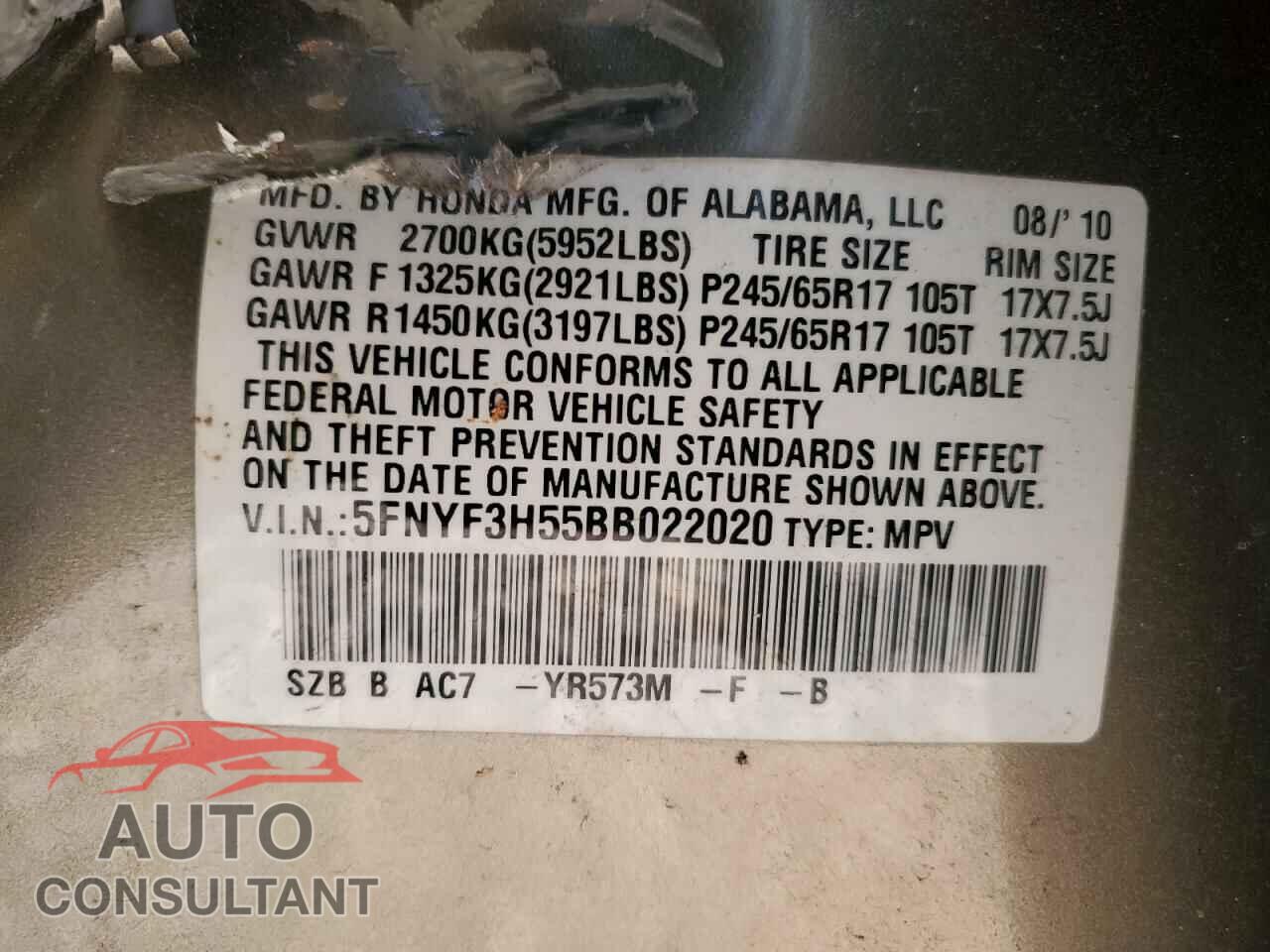 HONDA PILOT 2011 - 5FNYF3H55BB022020
