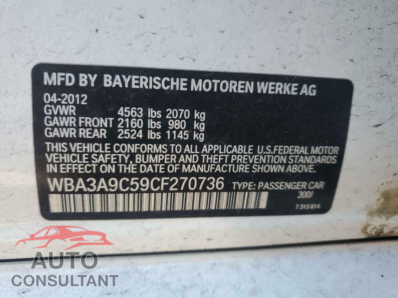 BMW 3 SERIES 2012 - WBA3A9C59CF270736