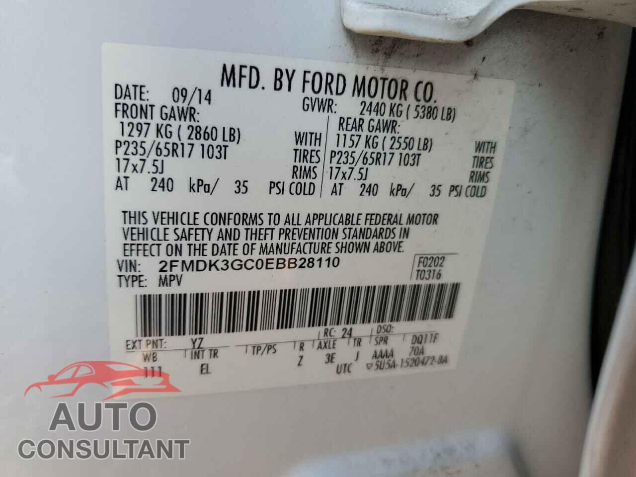 FORD EDGE 2014 - 2FMDK3GC0EBB28110