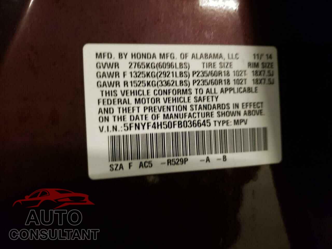 HONDA PILOT 2015 - 5FNYF4H50FB036645