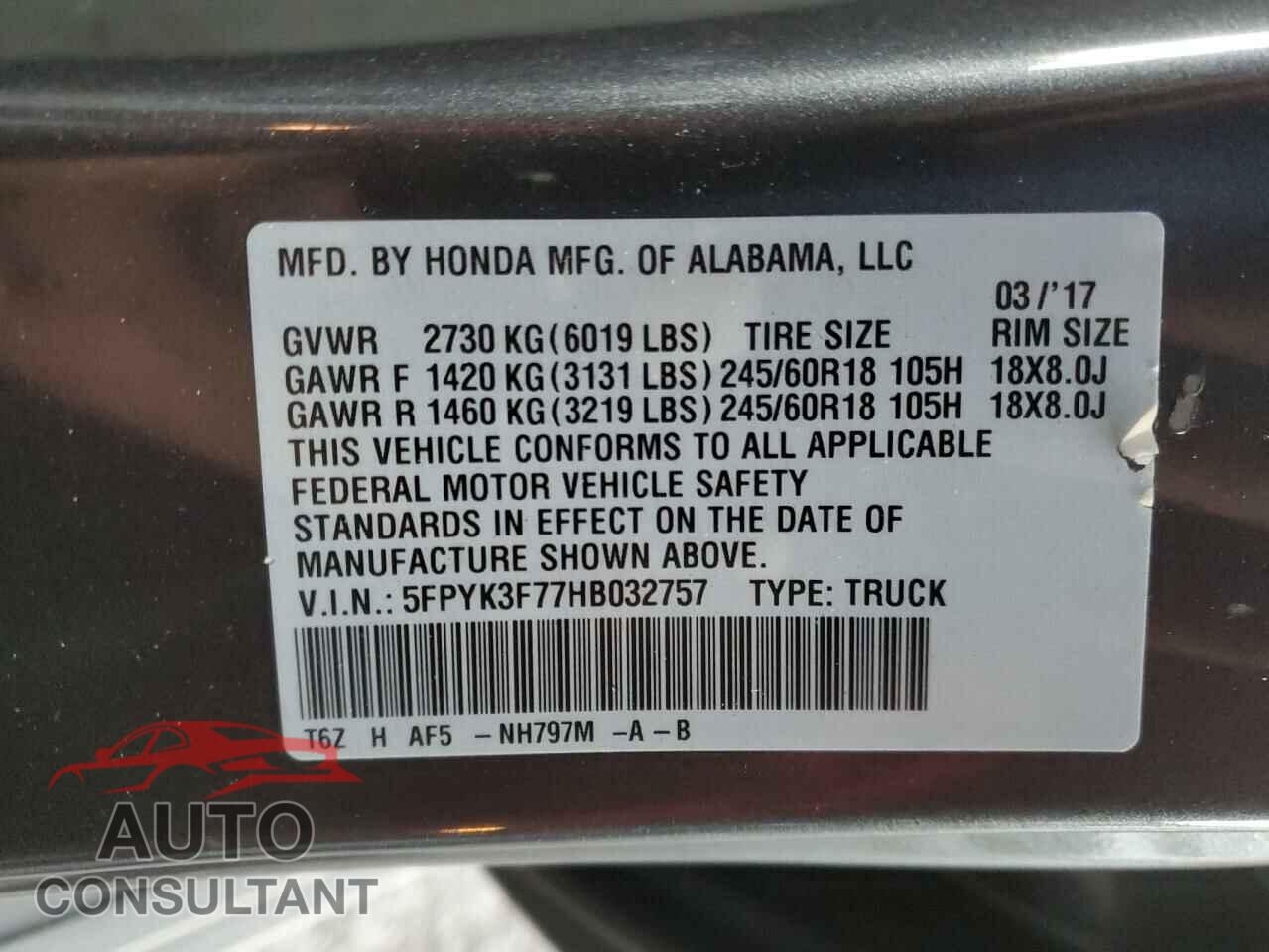 HONDA RIDGELINE 2017 - 5FPYK3F77HB032757