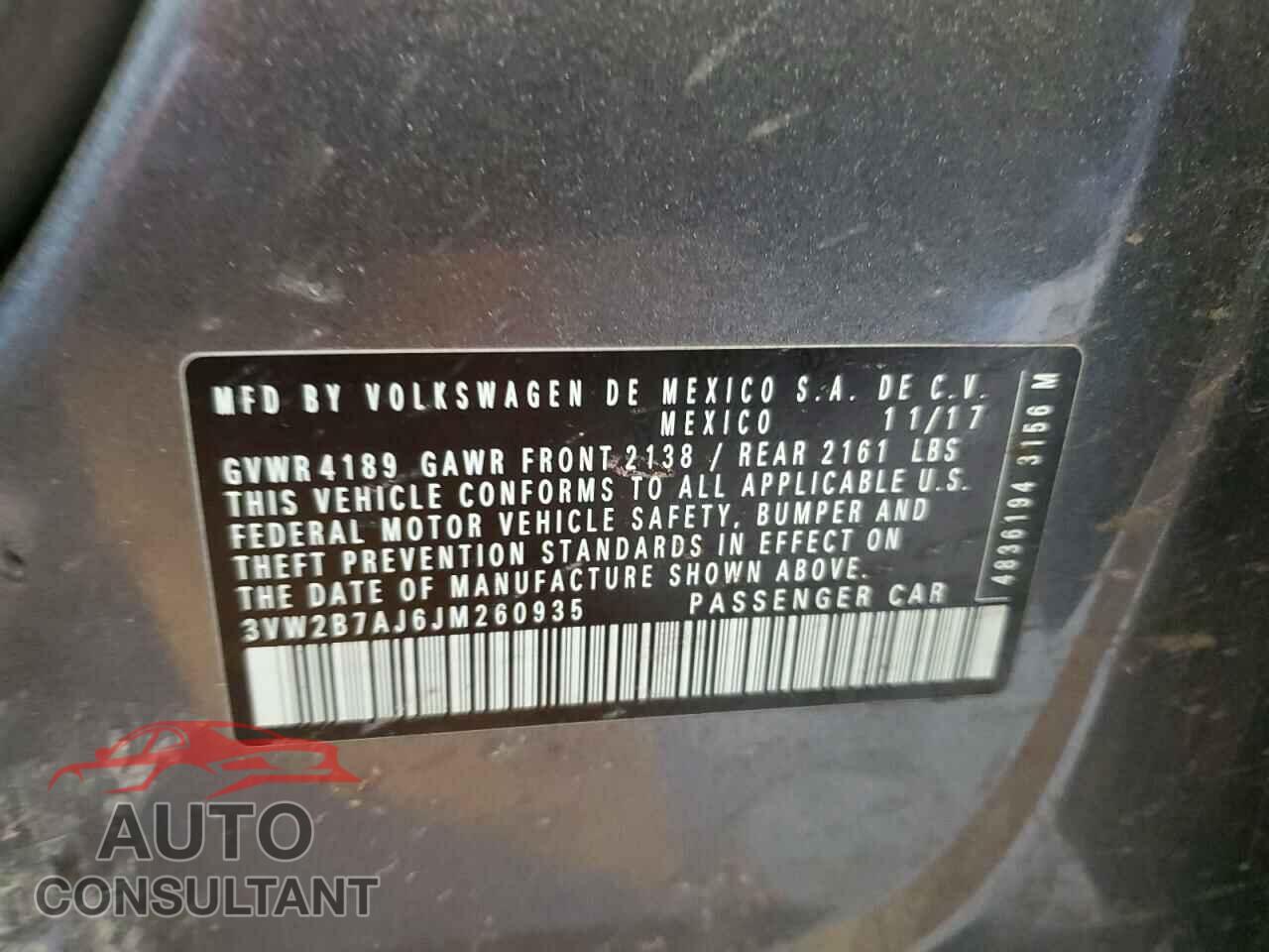 VOLKSWAGEN JETTA 2018 - 3VW2B7AJ6JM260935