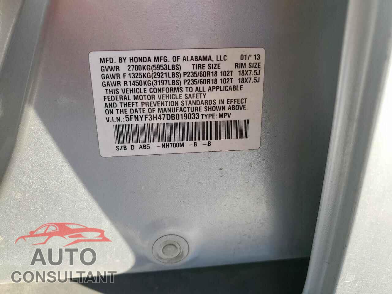 HONDA PILOT 2013 - 5FNYF3H47DB019033