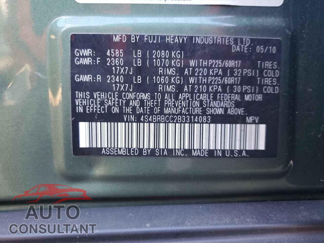 SUBARU OUTBACK 2011 - 4S4BRBCC2B3314083