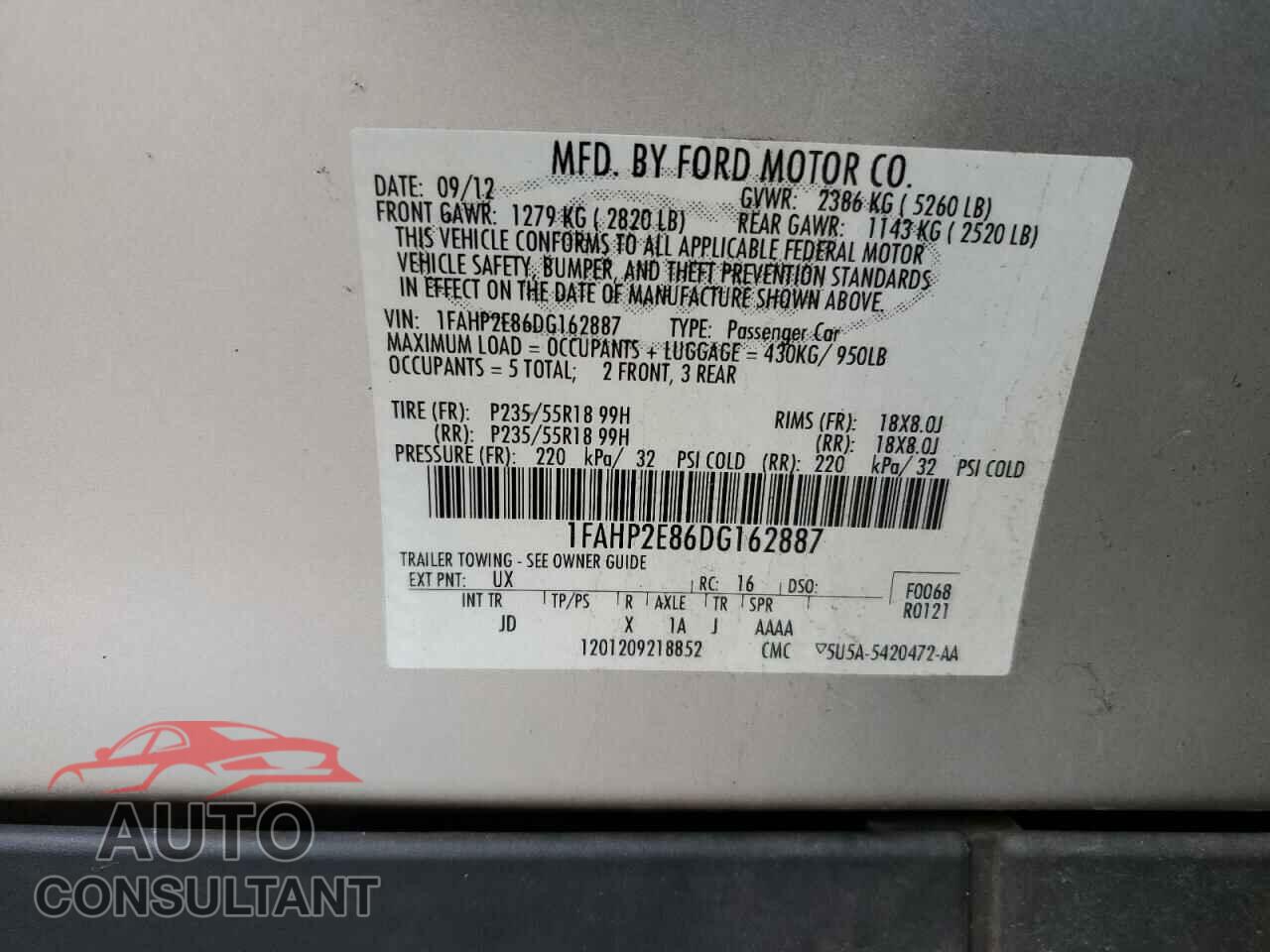 FORD TAURUS 2013 - 1FAHP2E86DG162887