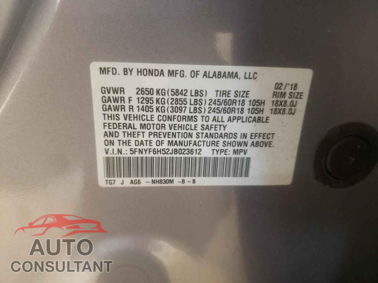 HONDA PILOT 2018 - 5FNYF6H52JB023612