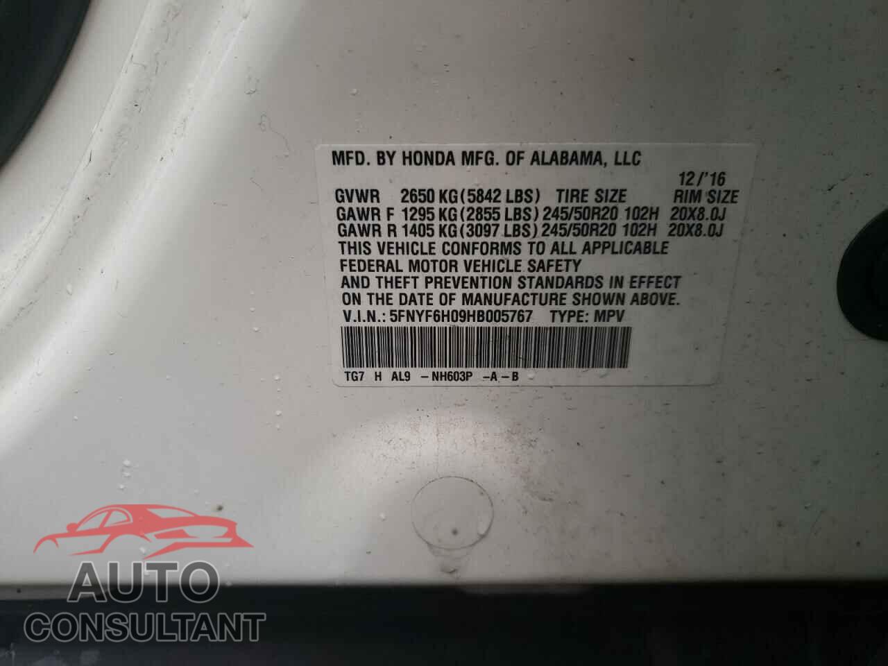 HONDA PILOT 2017 - 5FNYF6H09HB005767