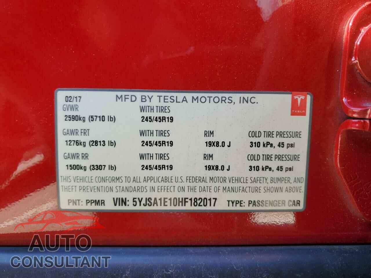 TESLA MODEL S 2017 - 5YJSA1E10HF182017