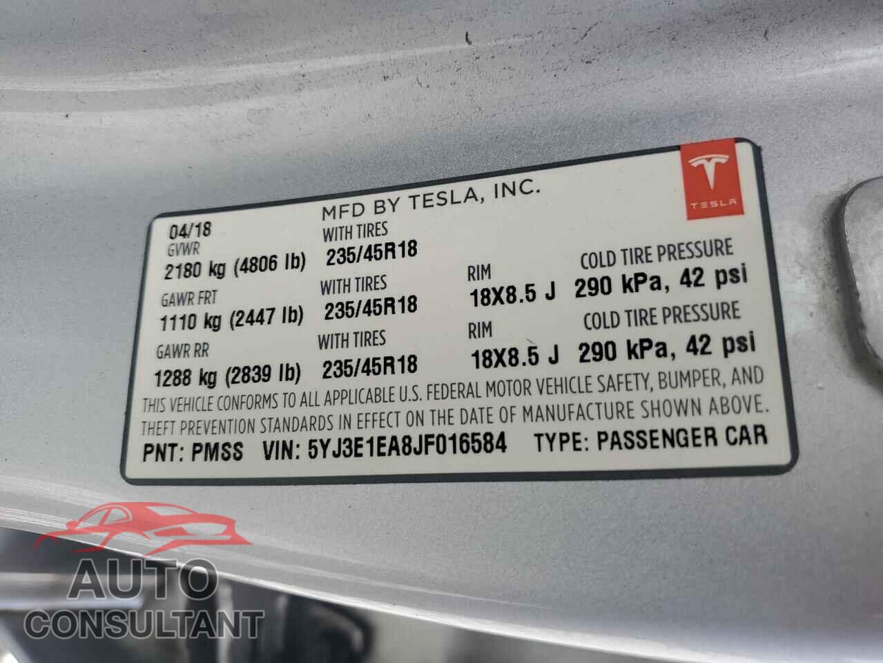 TESLA MODEL 3 2018 - 5YJ3E1EA8JF016584