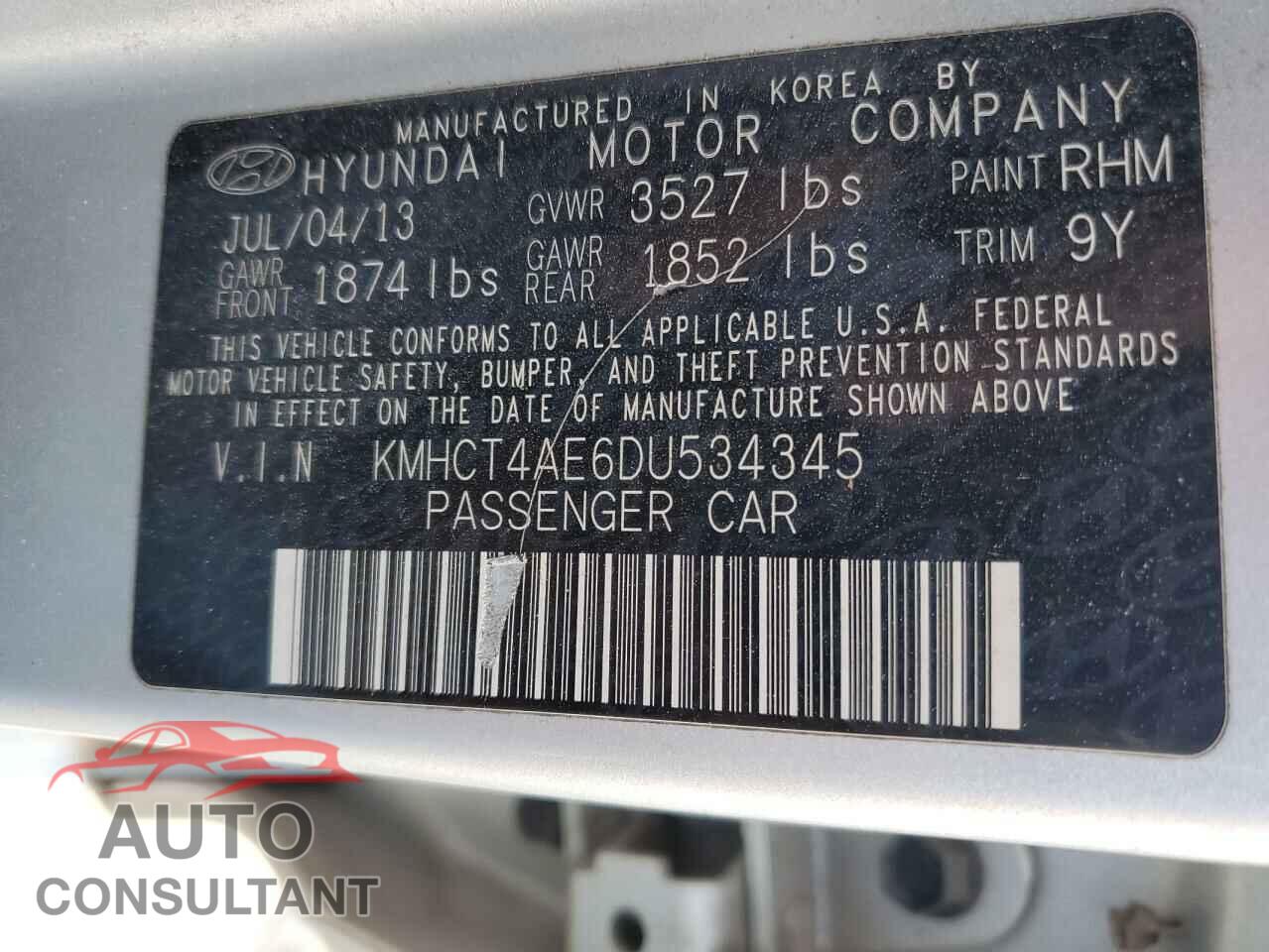 HYUNDAI ACCENT 2013 - KMHCT4AE6DU534345