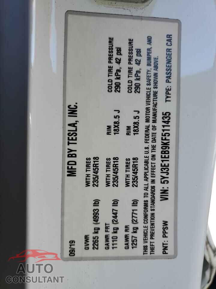 TESLA MODEL 3 2019 - 5YJ3E1EB9KF511435