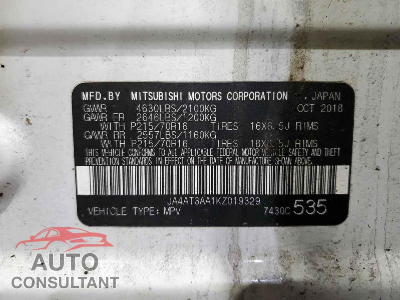 MITSUBISHI ECLIPSE 2019 - JA4AT3AA1KZ019329