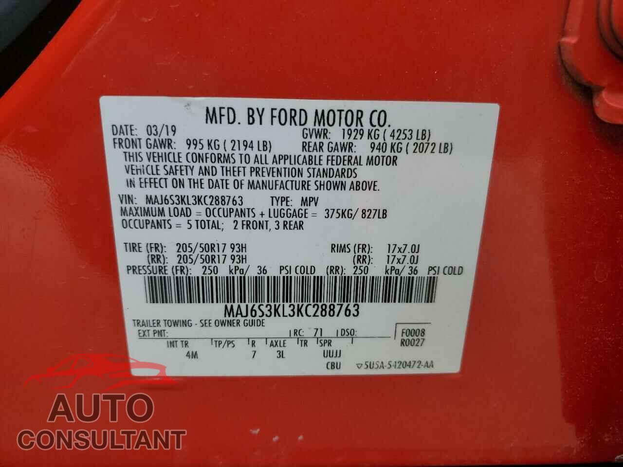FORD ECOSPORT 2019 - MAJ6S3KL3KC288763