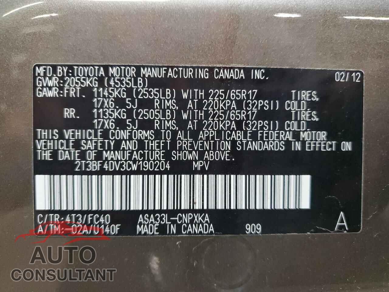 TOYOTA RAV4 2012 - 2T3BF4DV3CW190204