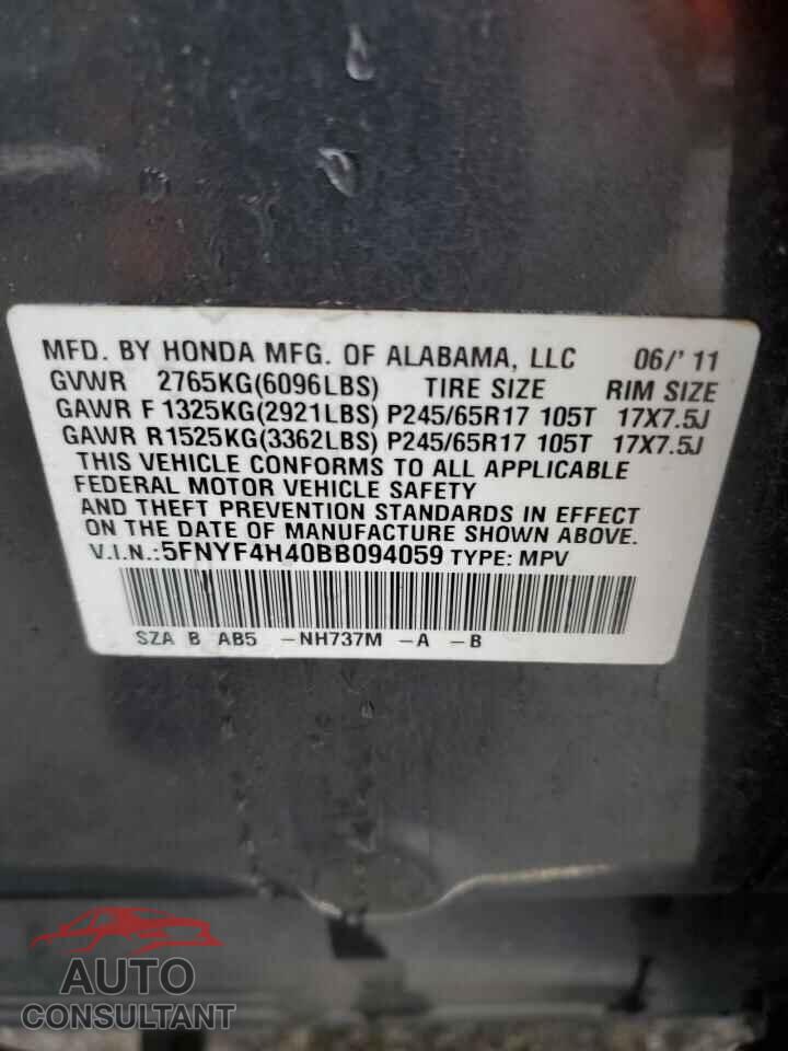 HONDA PILOT 2011 - 5FNYF4H40BB094059