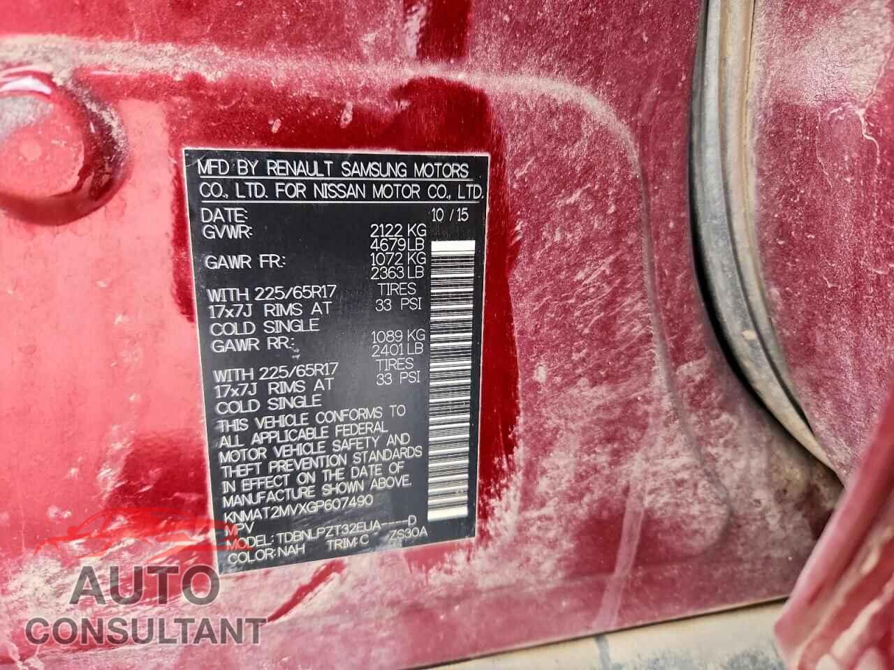 NISSAN ROGUE 2016 - KNMAT2MVXGP607490