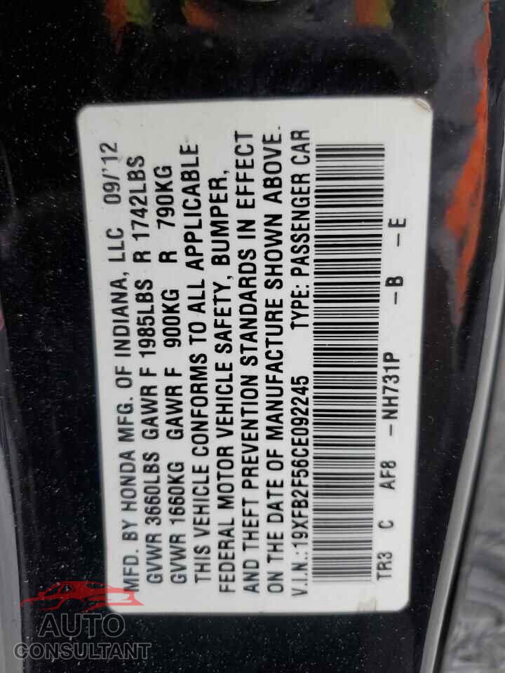 HONDA CIVIC 2012 - 19XFB2F56CE092245