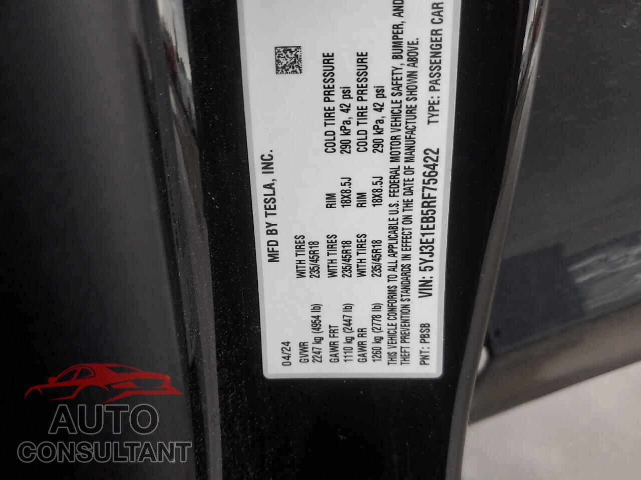 TESLA MODEL 3 2024 - 5YJ3E1EB5RF756422