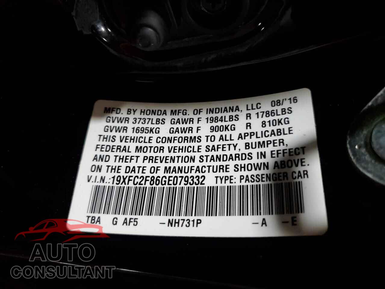 HONDA CIVIC 2016 - 19XFC2F86GE079332