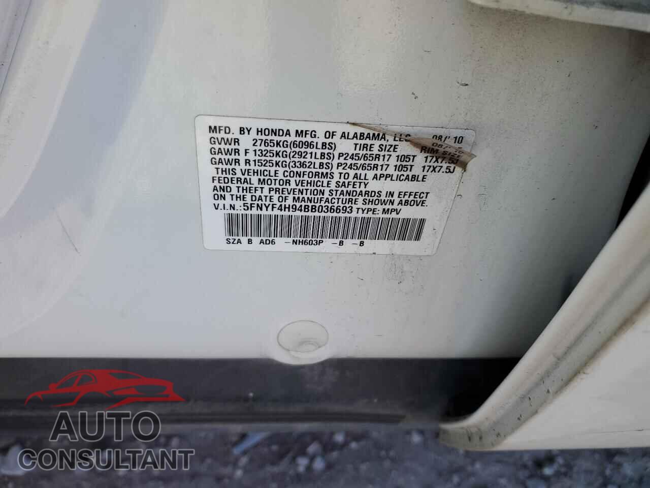 HONDA PILOT 2011 - 5FNYF4H94BB036693