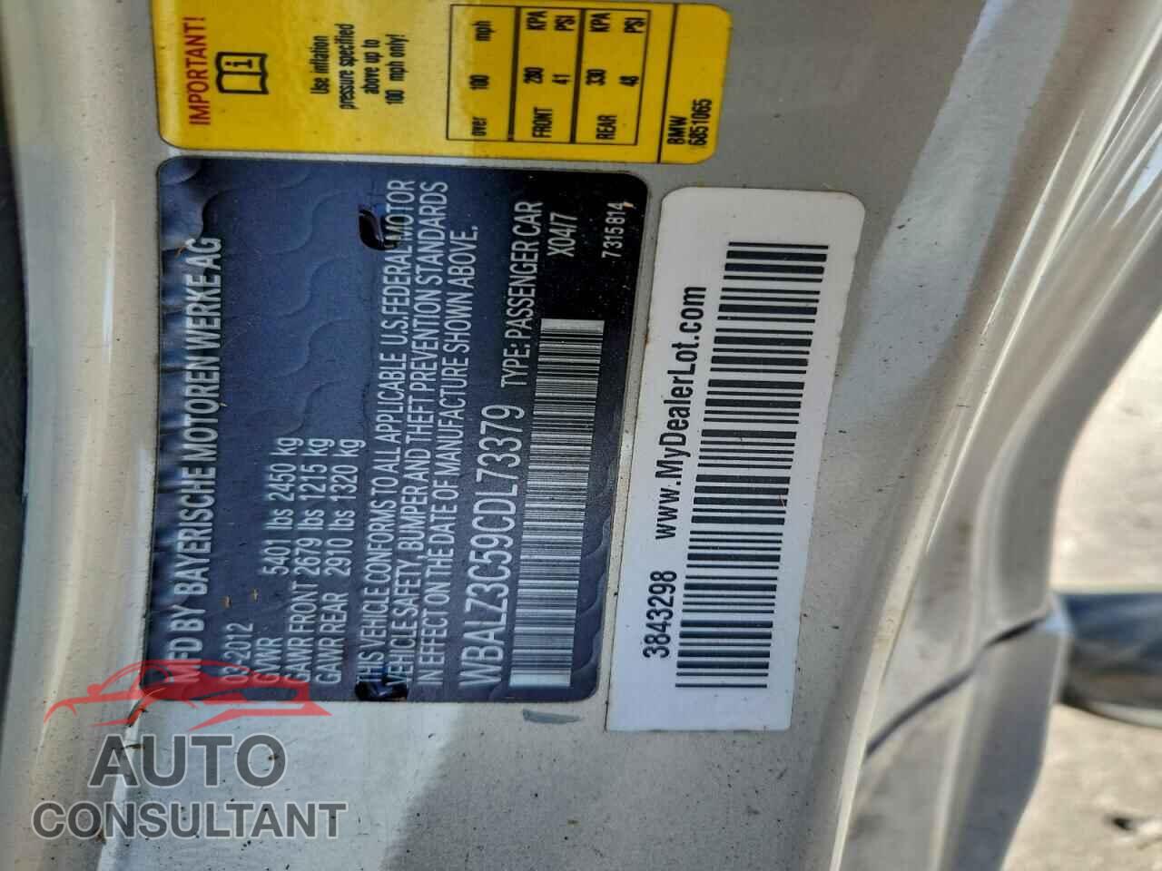 BMW 6 SERIES 2012 - WBALZ3C59CDL73379