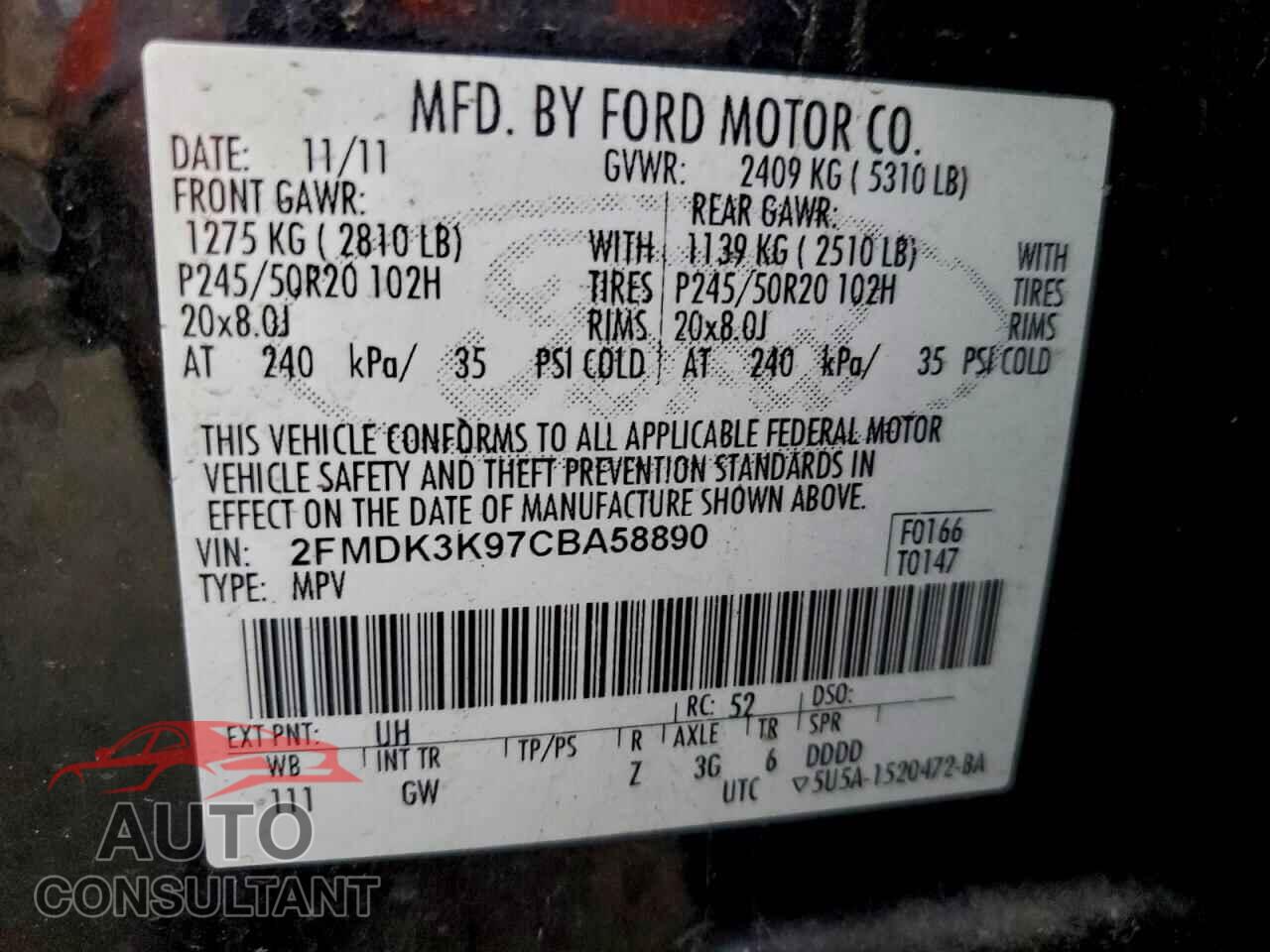FORD EDGE 2012 - 2FMDK3K97CBA58890