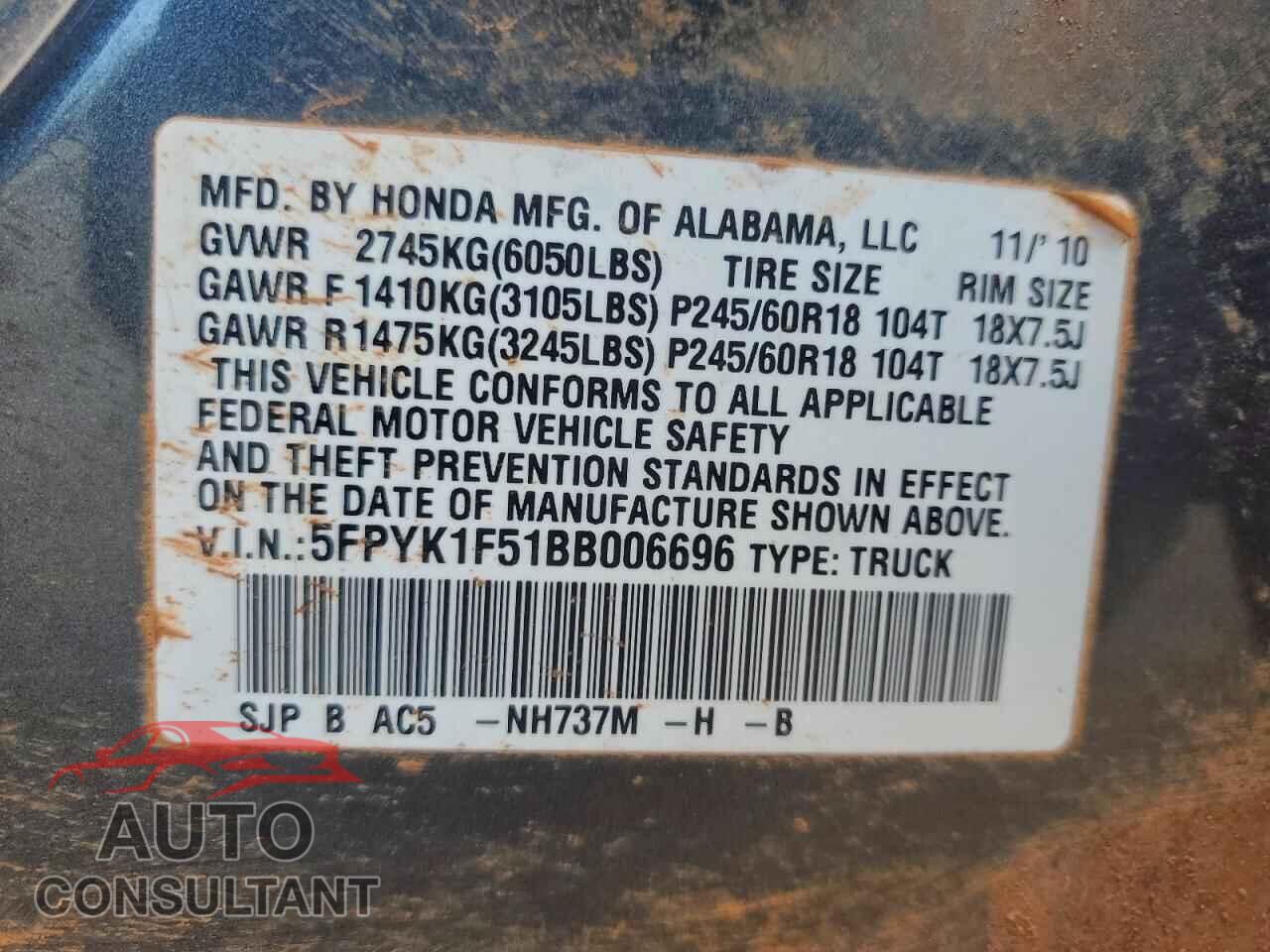 HONDA RIDGELINE 2011 - 5FPYK1F51BB006696