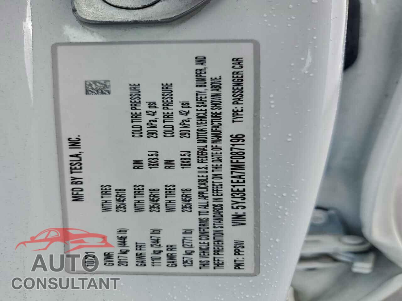 TESLA MODEL 3 2021 - 5YJ3E1EA7MF087196