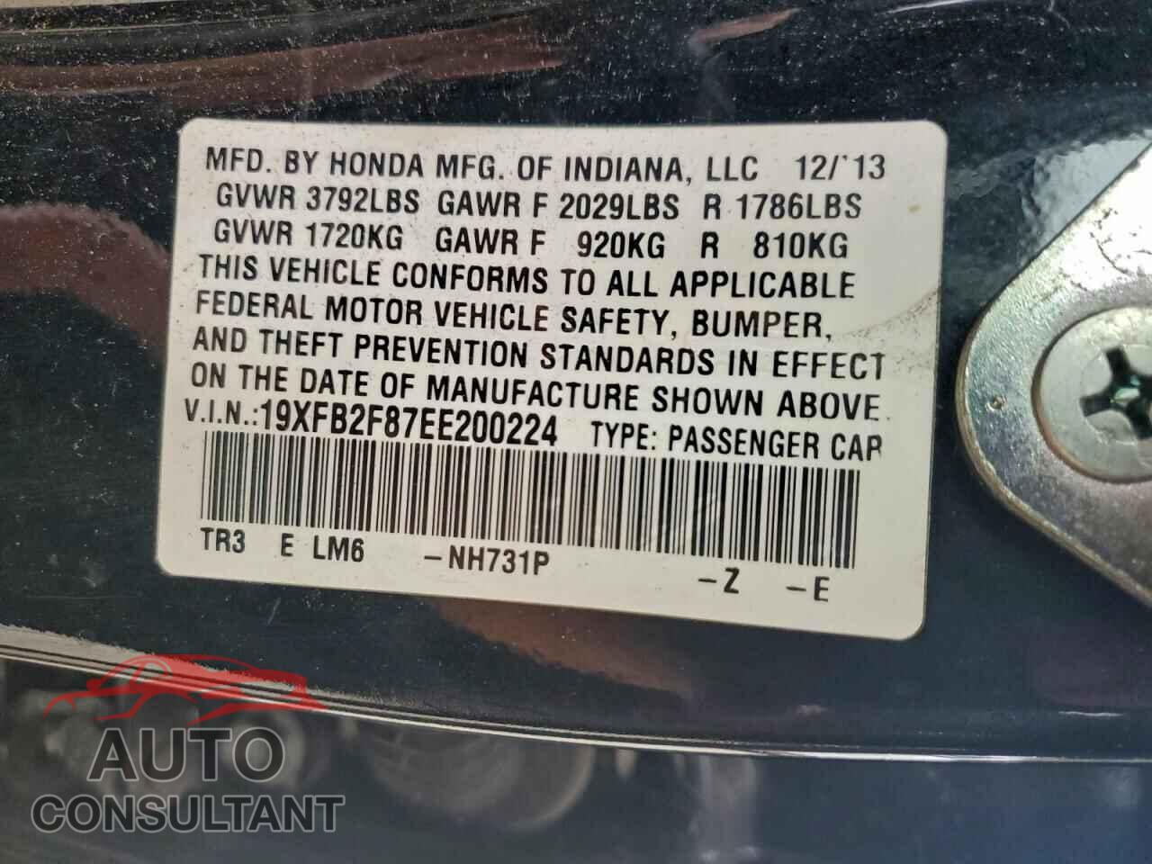HONDA CIVIC 2014 - 19XFB2F87EE200224