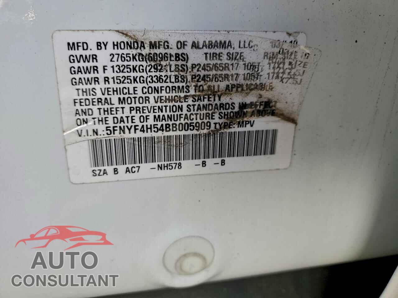 HONDA PILOT 2011 - 5FNYF4H54BB005909