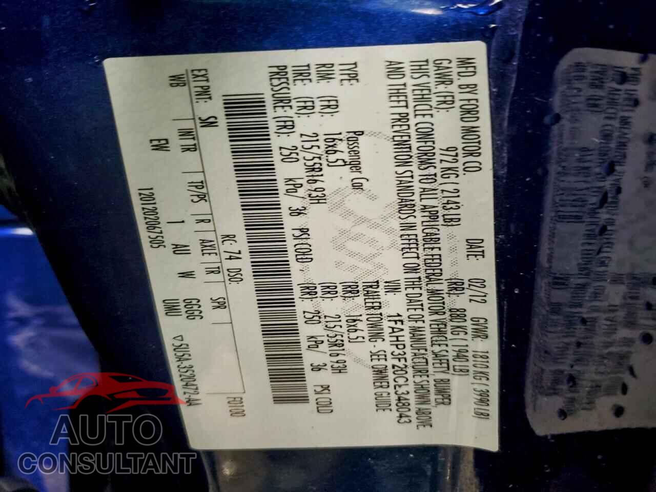 FORD FOCUS 2012 - 1FAHP3F20CL348043