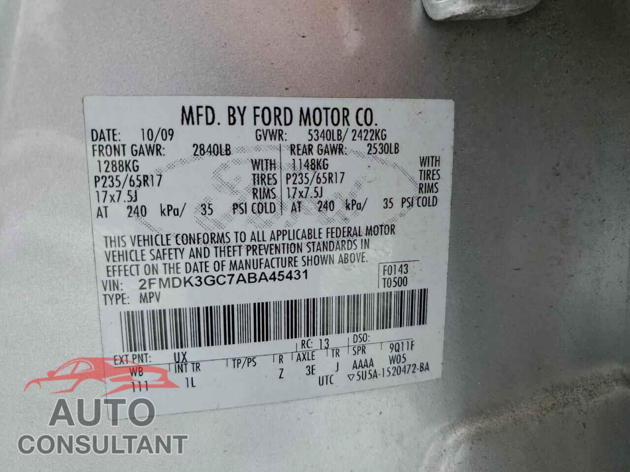 FORD EDGE 2010 - 2FMDK3GC7ABA45431