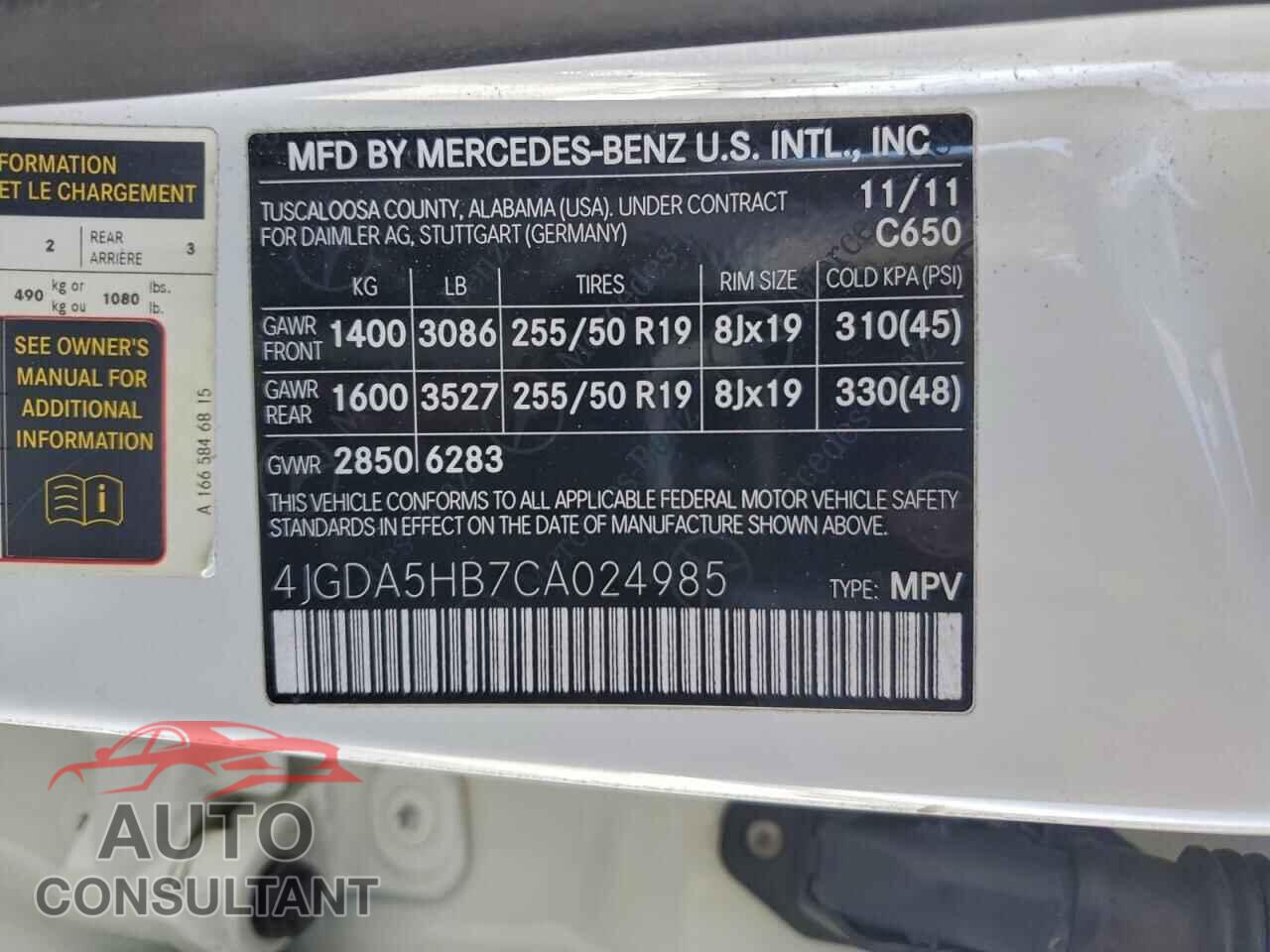 MERCEDES-BENZ M-CLASS 2012 - 4JGDA5HB7CA024985