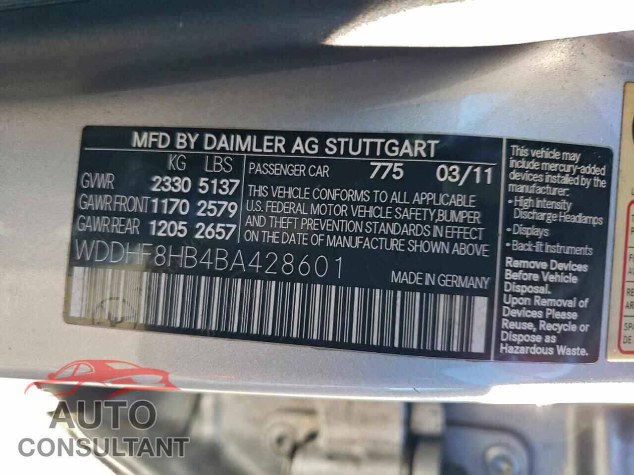MERCEDES-BENZ E-CLASS 2011 - WDDHF8HB4BA428601