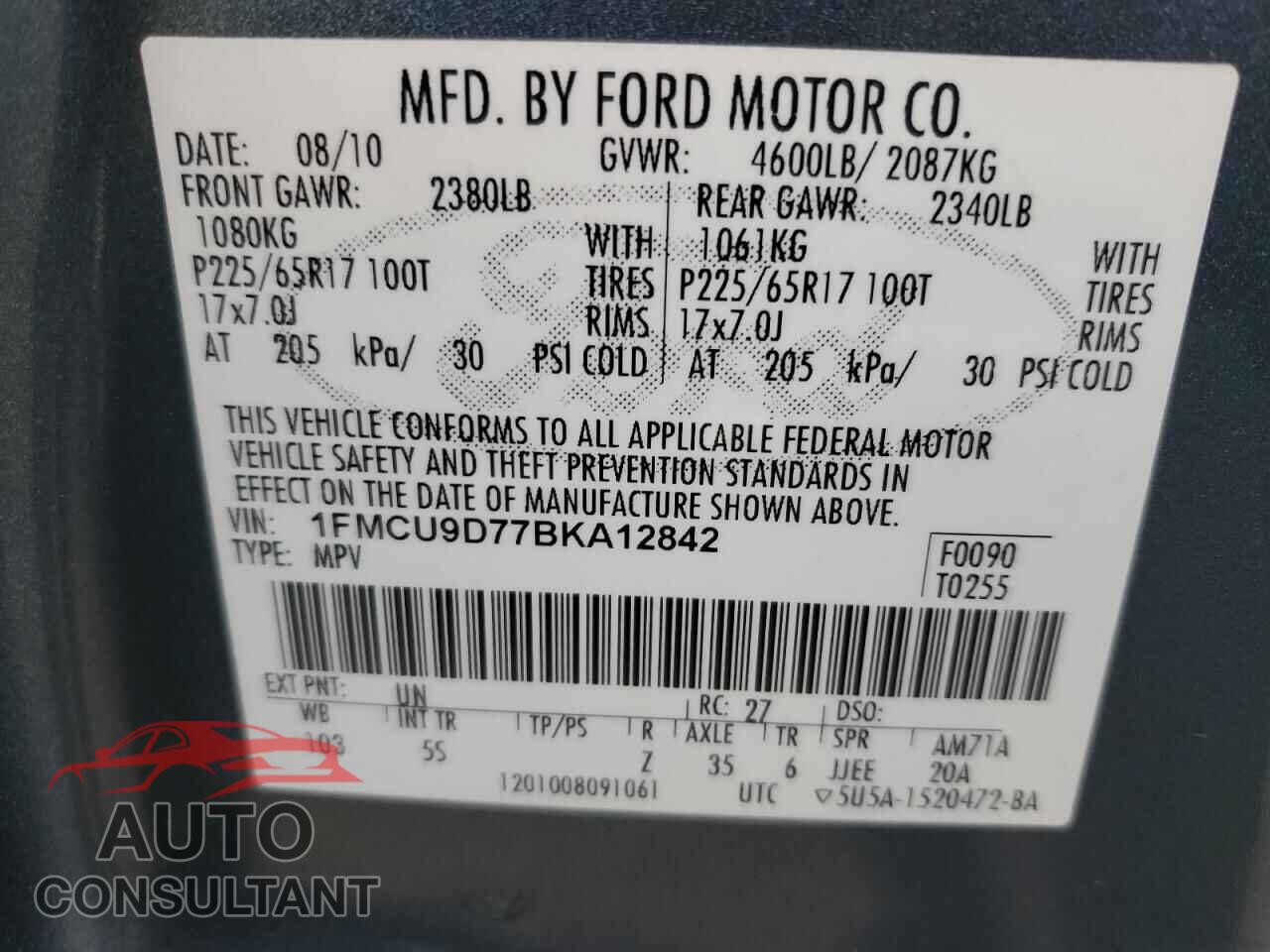 FORD ESCAPE 2011 - 1FMCU9D77BKA12842