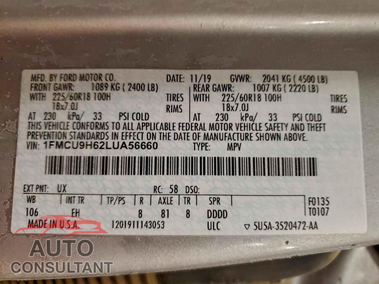 FORD ESCAPE 2020 - 1FMCU9H62LUA56660