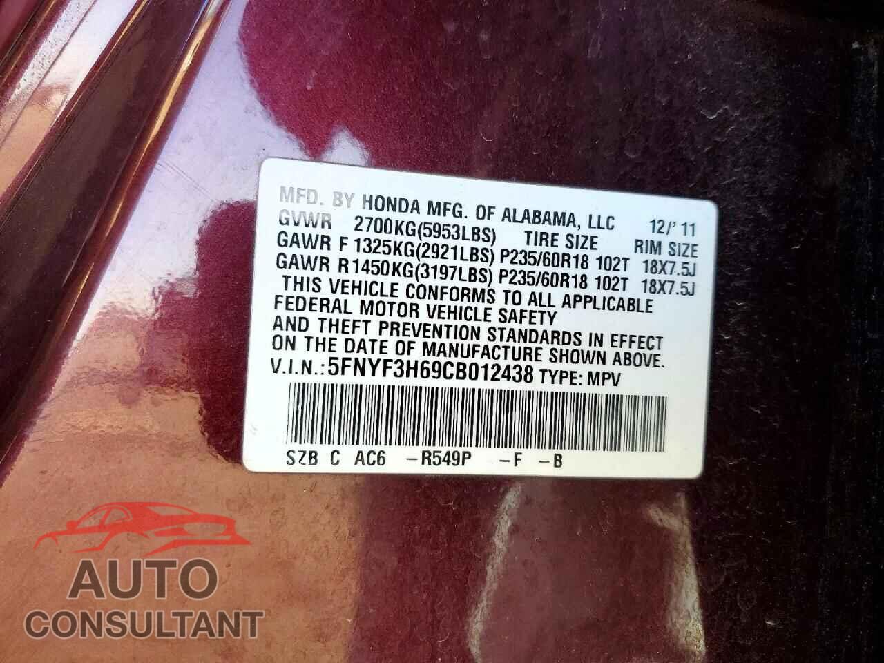 HONDA PILOT 2012 - 5FNYF3H69CB012438