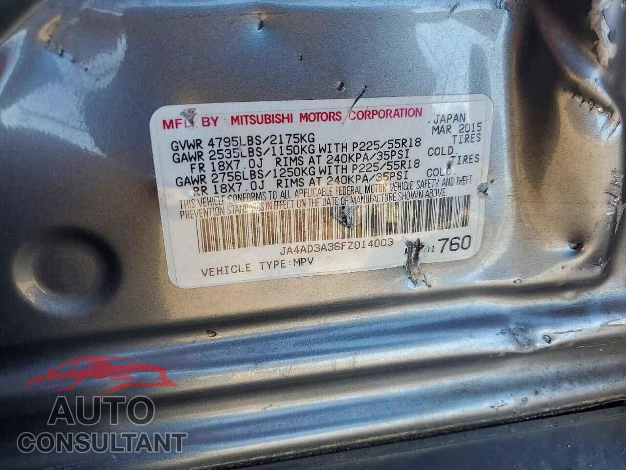 MITSUBISHI OUTLANDER 2015 - JA4AD3A36FZ014003