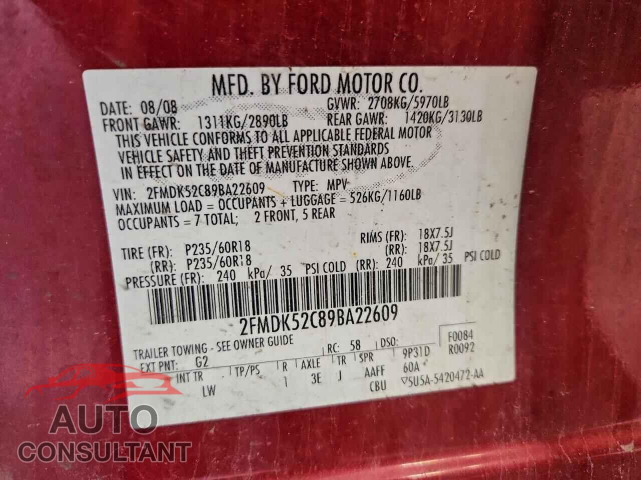 FORD FLEX 2009 - 2FMDK52C89BA22609