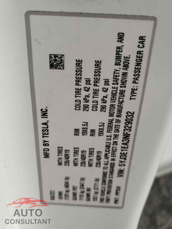 TESLA MODEL 3 2022 - 5YJ3E1EA3NF329032