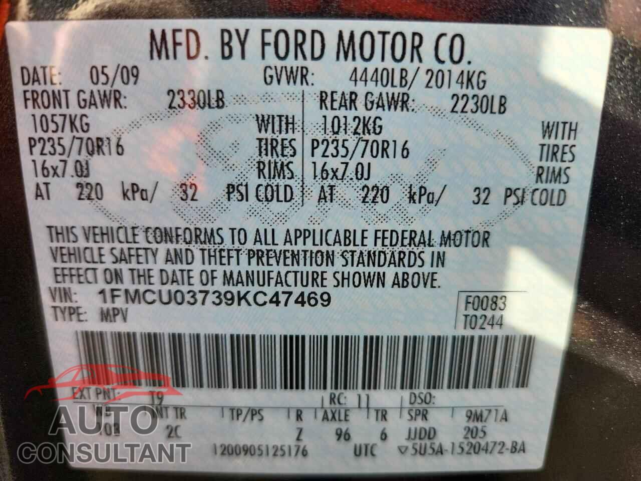FORD ESCAPE 2009 - 1FMCU03739KC47469