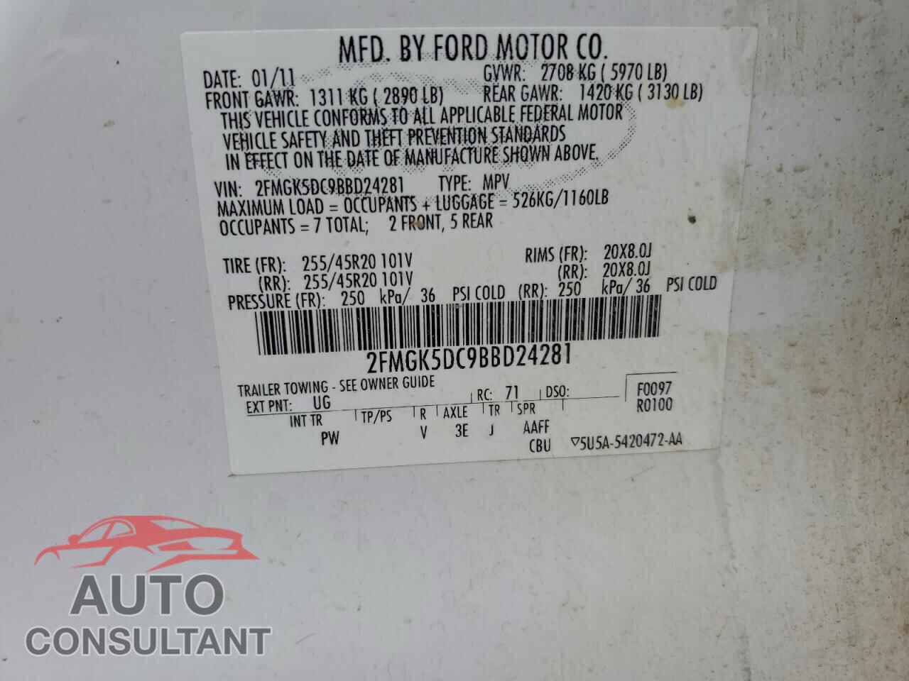 FORD FLEX 2011 - 2FMGK5DC9BBD24281