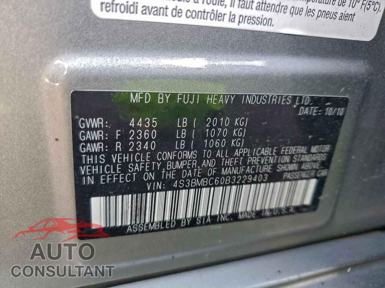 SUBARU LEGACY 2011 - 4S3BMBC60B3229403