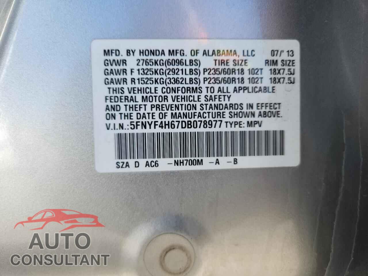 HONDA PILOT 2013 - 5FNYF4H67DB078977