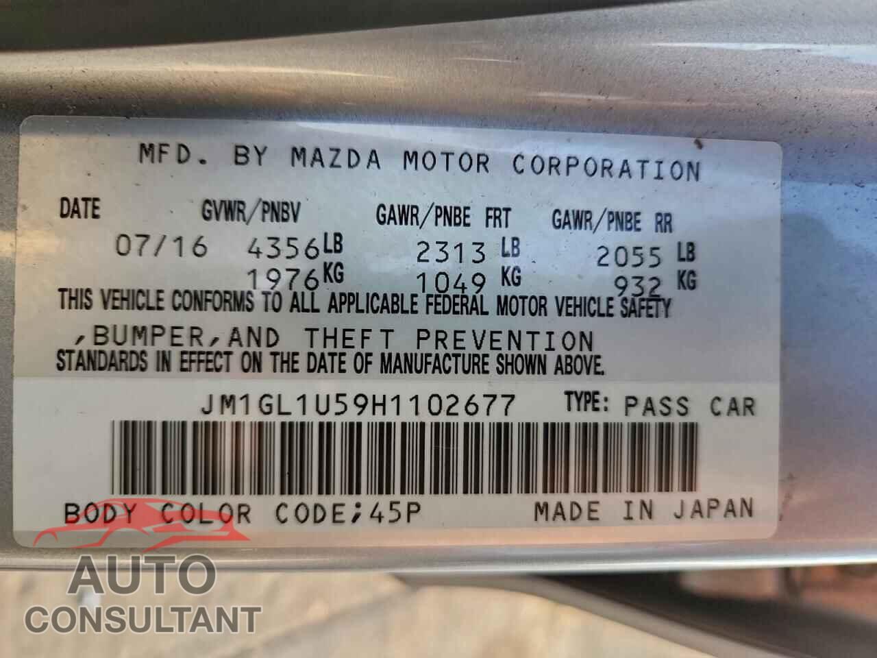 MAZDA 6 2017 - JM1GL1U59H1102677