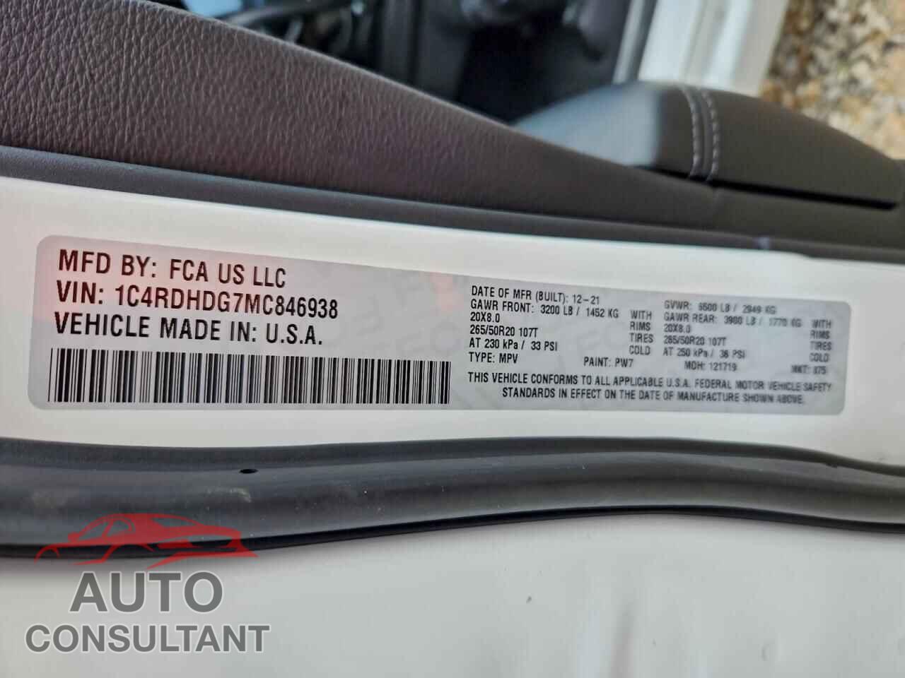 DODGE DURANGO 2021 - 1C4RDHDG7MC846938
