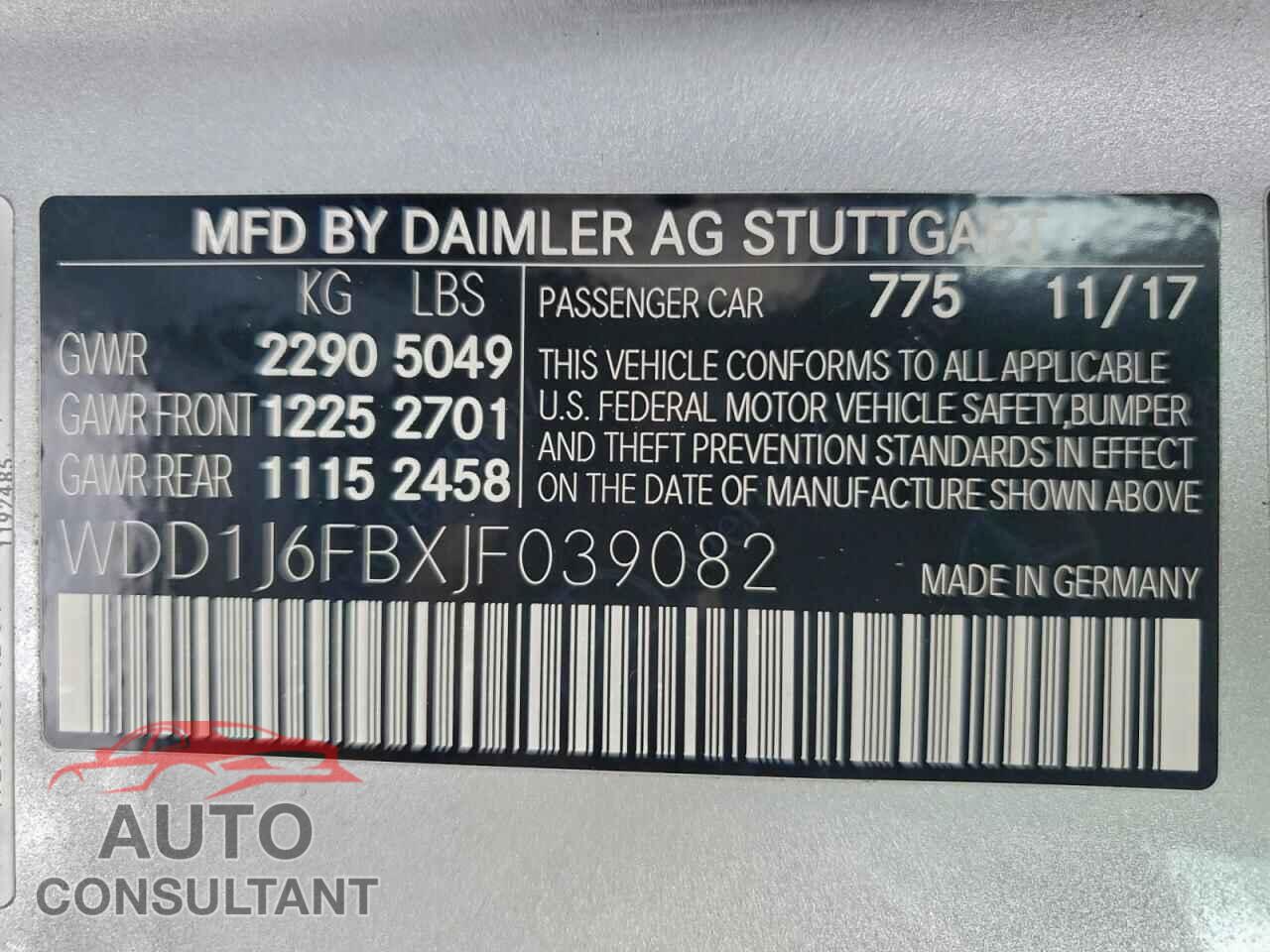 MERCEDES-BENZ E-CLASS 2018 - WDD1J6FBXJF039082