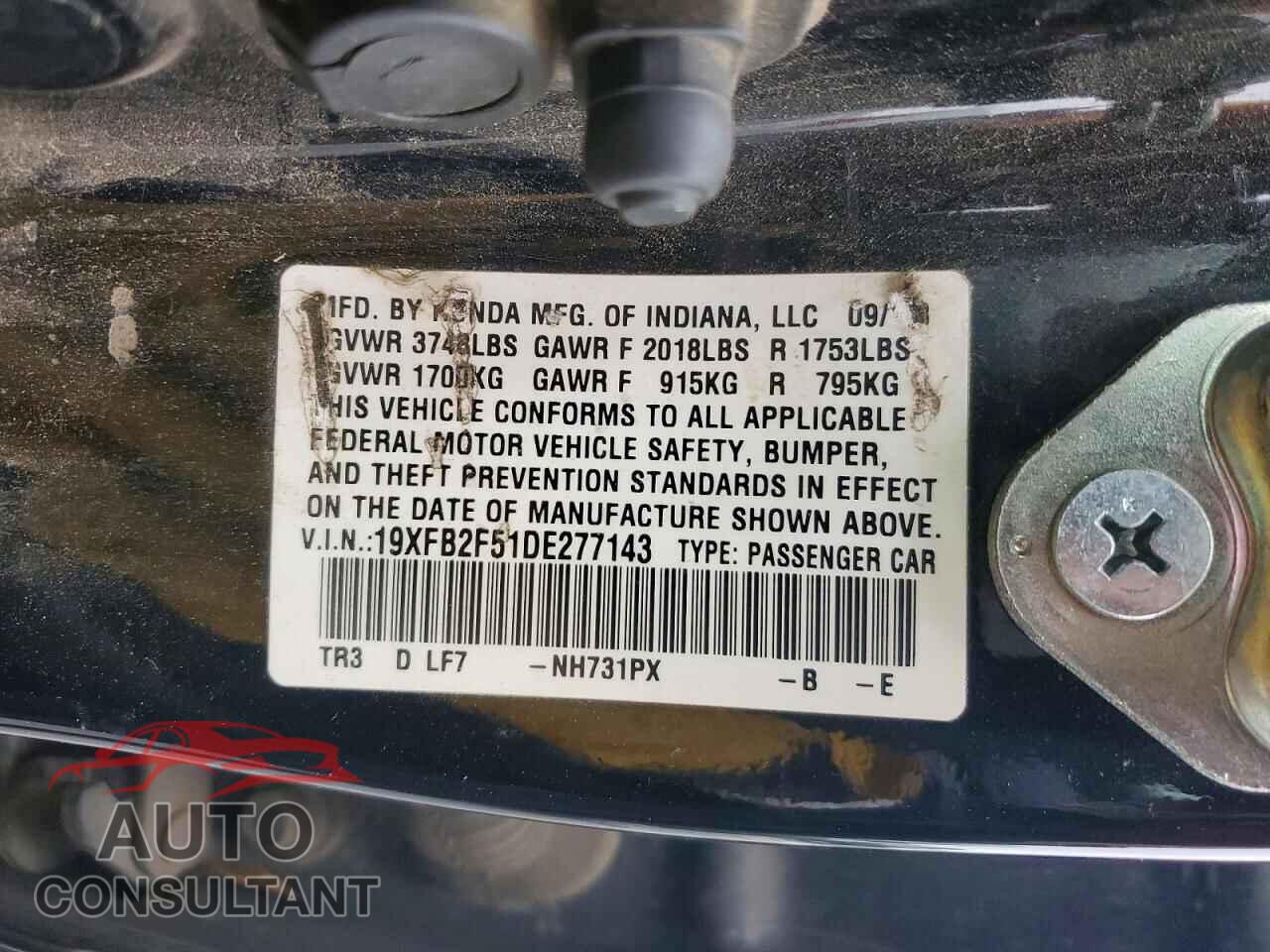 HONDA CIVIC 2013 - 19XFB2F51DE277143