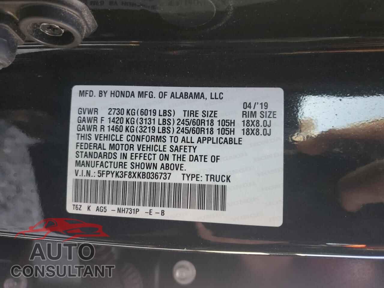 HONDA RIDGELINE 2019 - 5FPYK3F8XKB036737